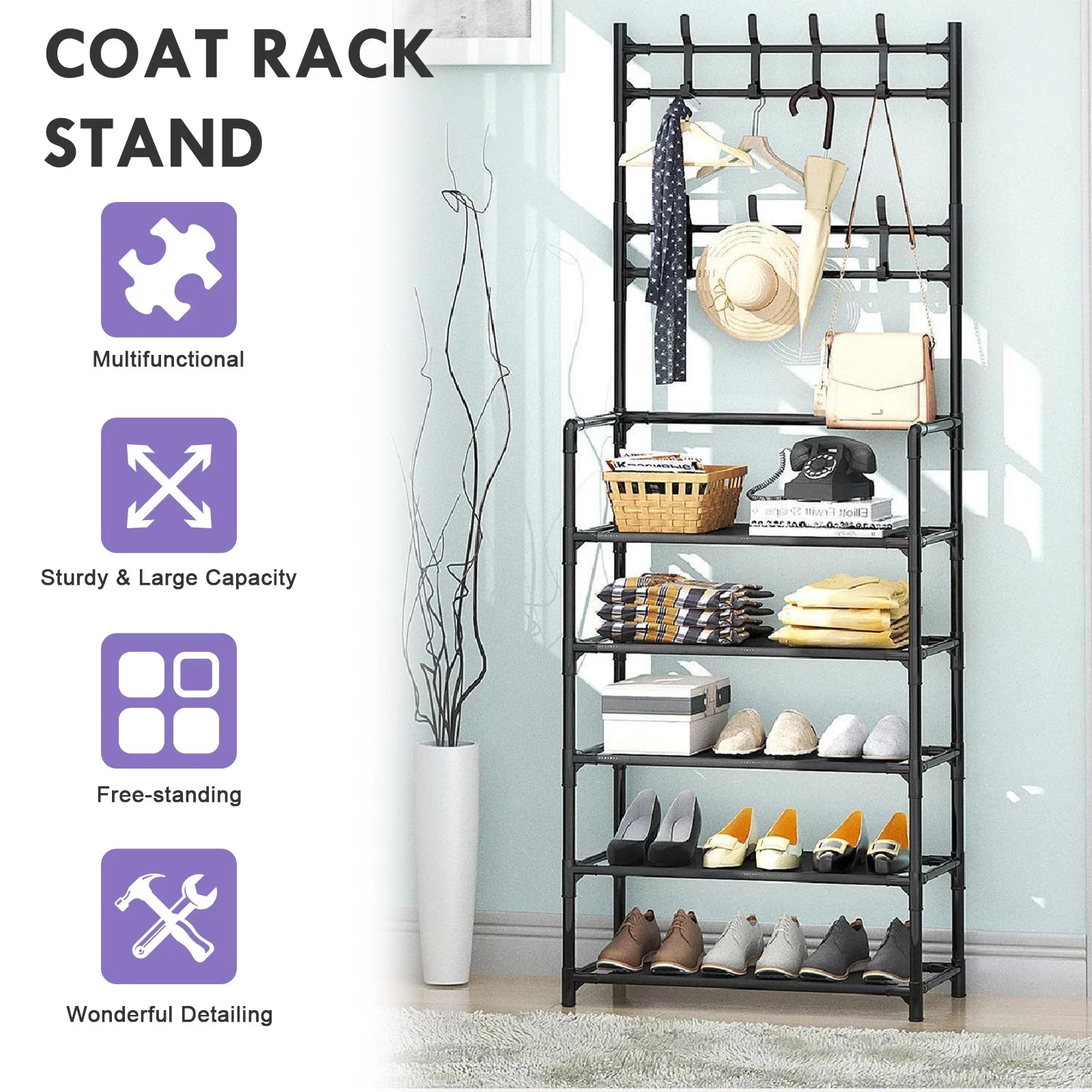 Coat Rack Hall Tree Stand with Storage Bench I631