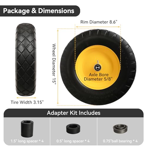 4.80/4.00-8" Tire and Wheel Assembly Set, 5/8" or 3/4" Bore, 16" Solid Rubber Tires, 1 Pack P846986