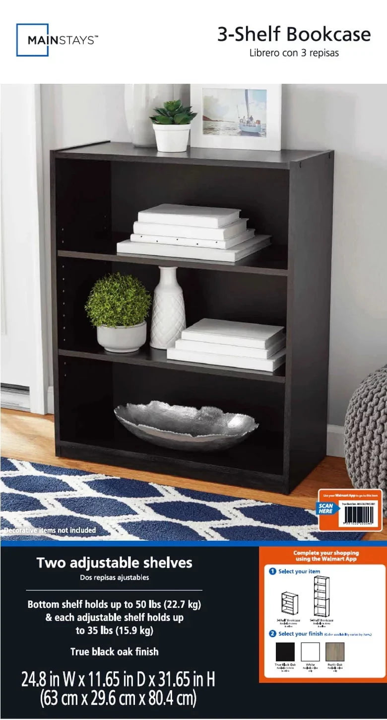 3-Shelf Bookcase with Adjustable Shelves, Black Oak E77347