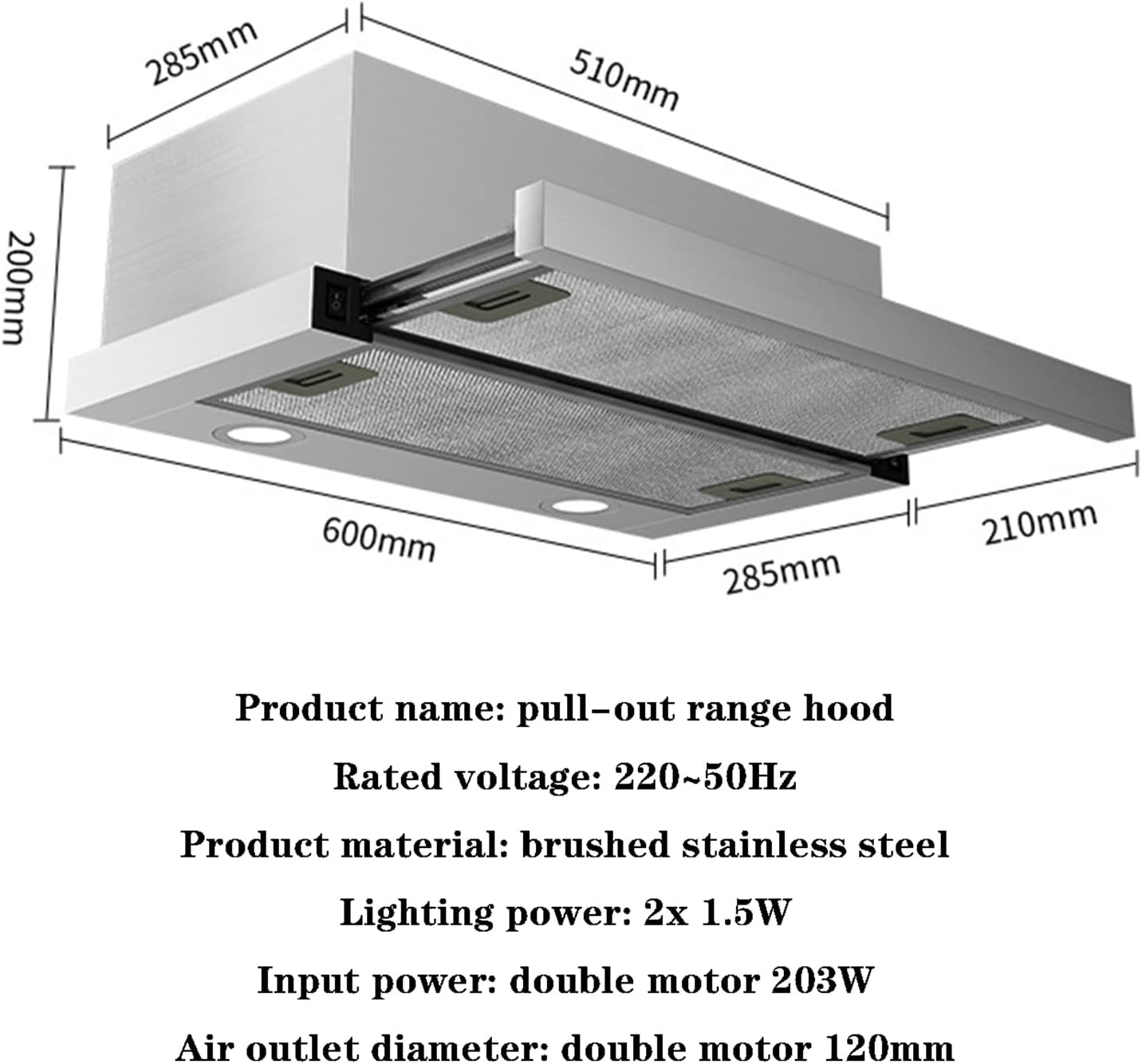 Stainless Steel 600mm Built-in Extractor Hood with LED Light F12733