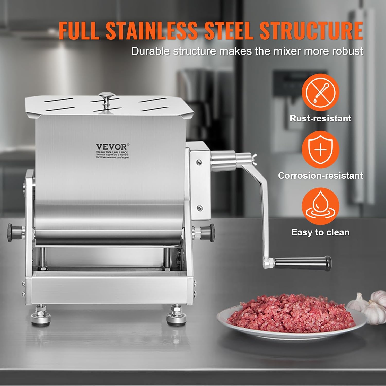 30 Pound Capacity Stainless Steel Manual Meat Mixer with Lid and Handle O57884