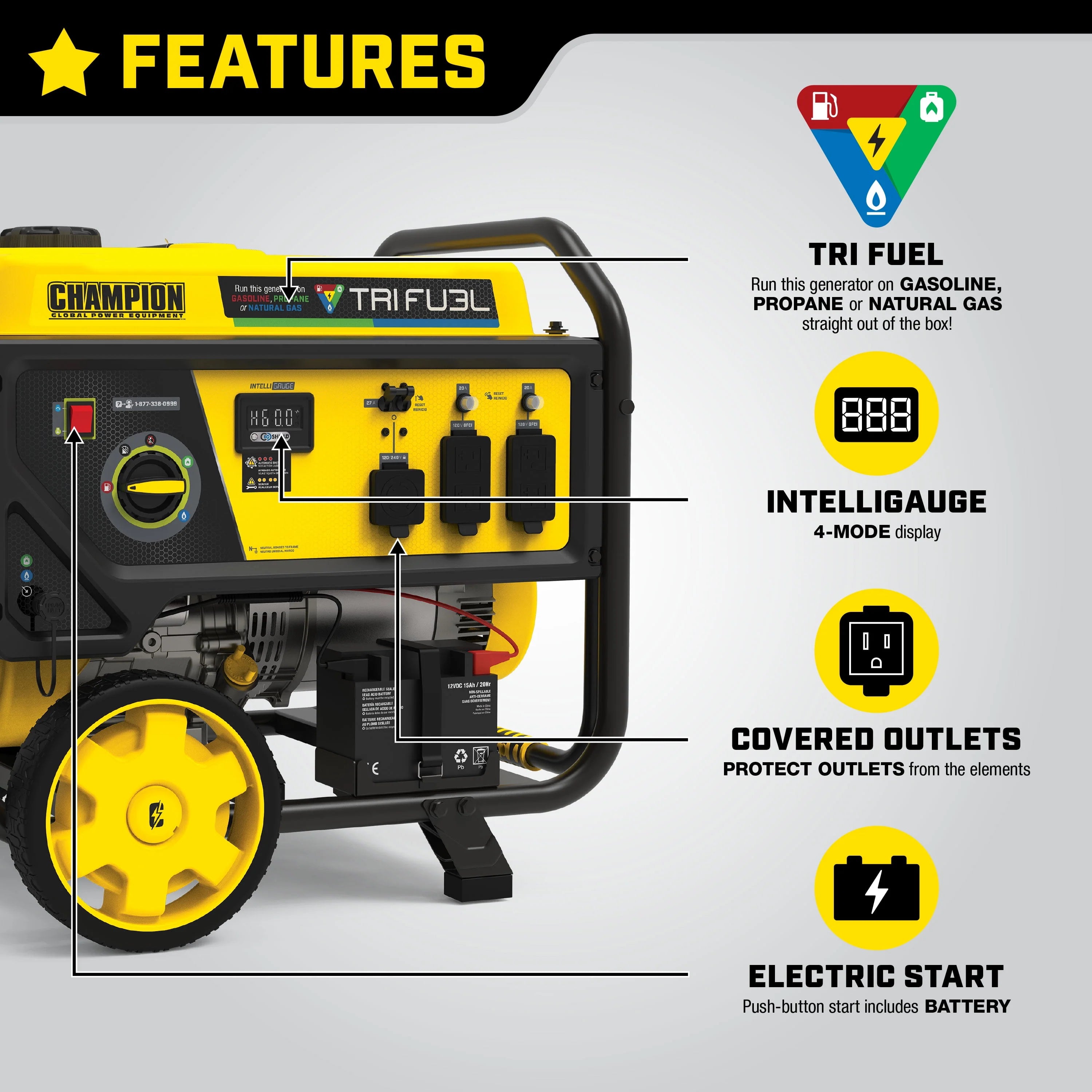 6500-Watt Tri-Fuel Portable Generator with Electric Start V6013