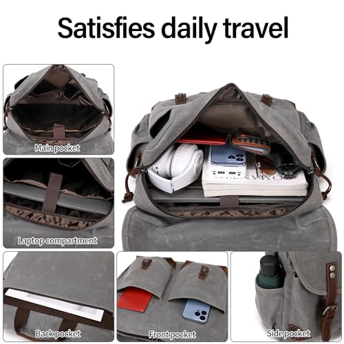 Mens 15.6 Inch Waxed Canvas Genuine Leather Briefcase Shoulder Bag Black Gray K3970