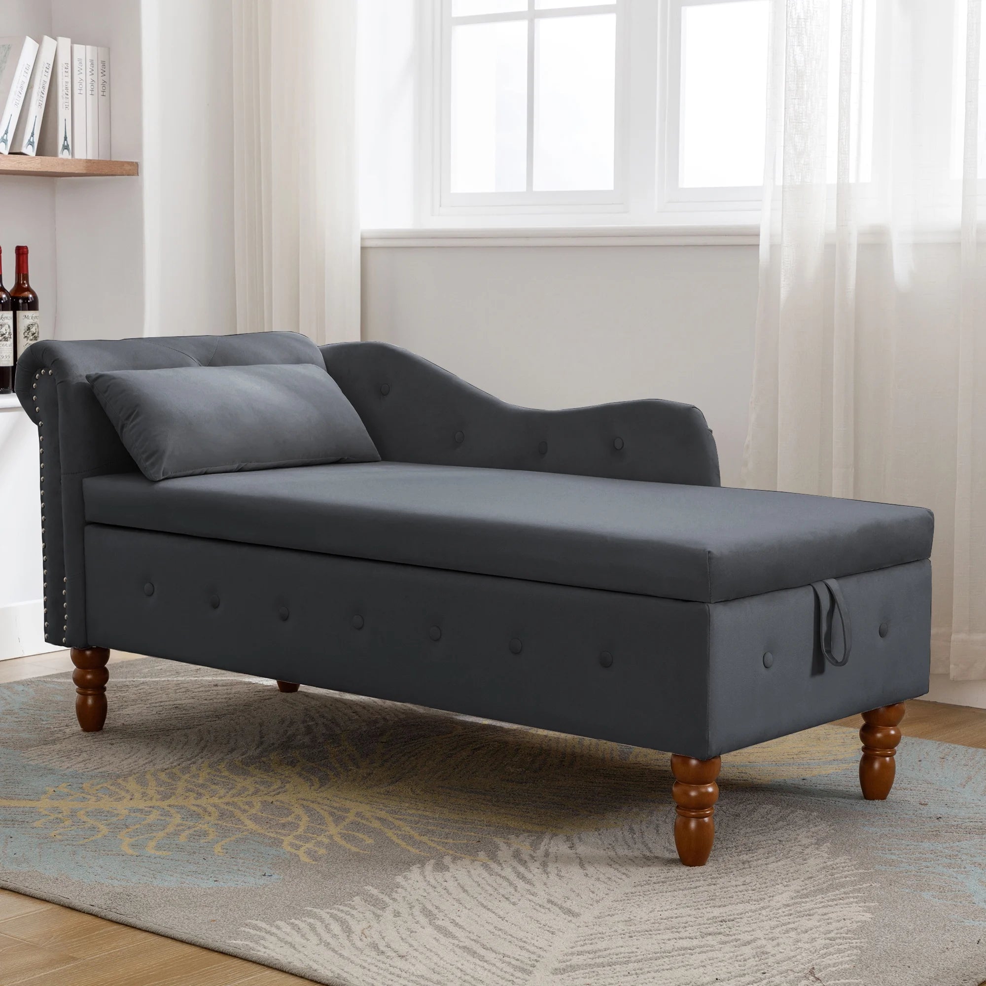 Black Velvet Chaise Lounge with Storage and Pillow C655