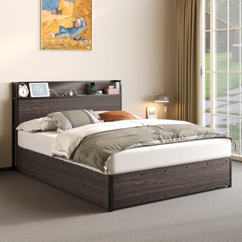 Full Size Wooden Platform Bed Frame with Storage Headboard W179194