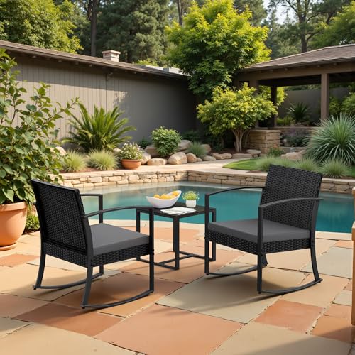 Black 3 Piece Resin Outdoor Bistro Set with Cushions and Table I727