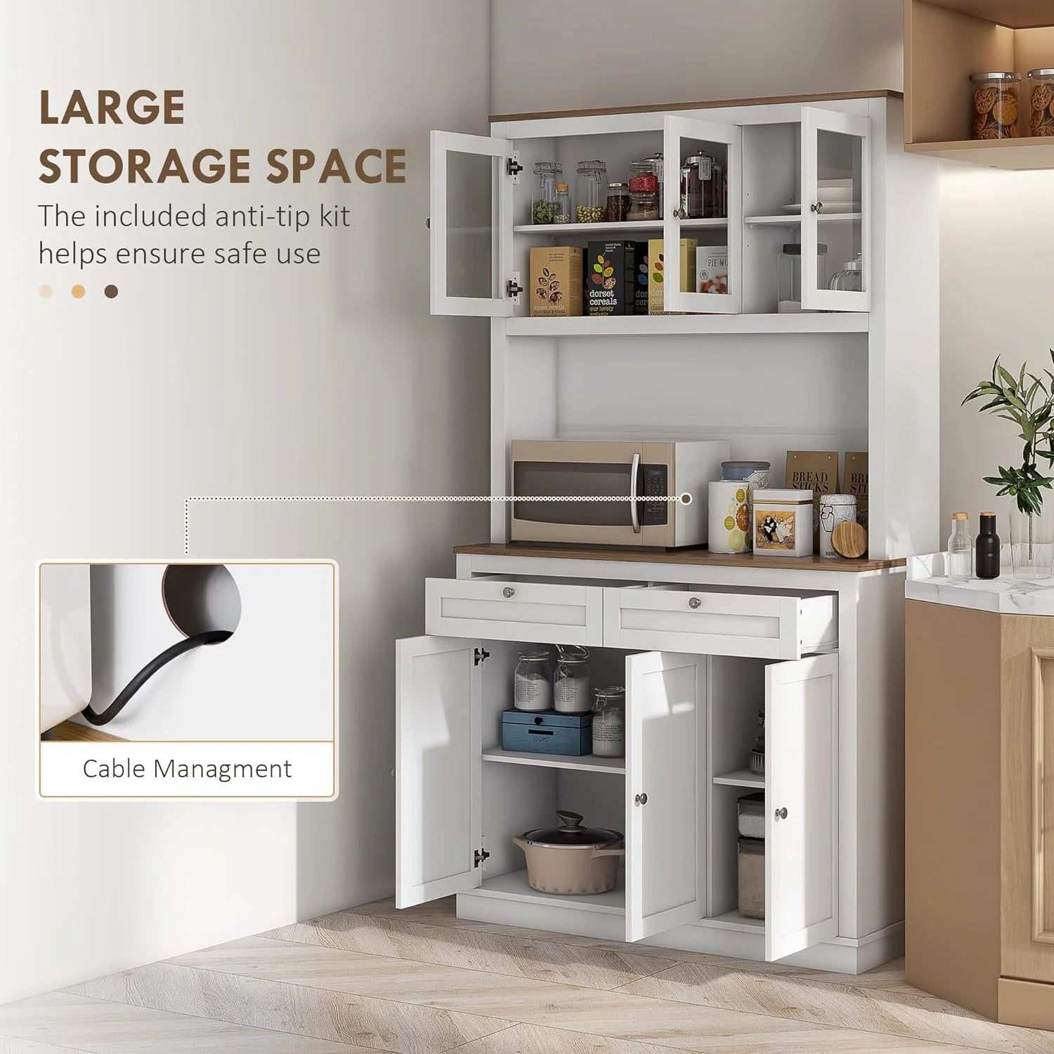 White Tall Kitchen Pantry Storage Cabinet with Microwave Stand, 2 Drawers, 5 Doors, Adjustable Shelves and Glass Doors P311449