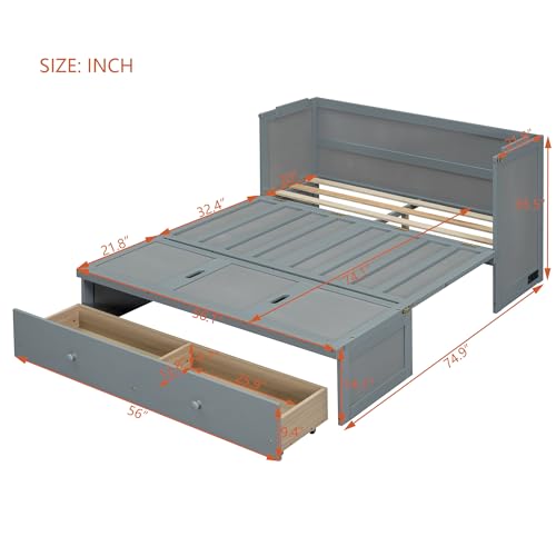 Queen Size Solid Pine Murphy Bed Cabinet with Storage Drawer H455022