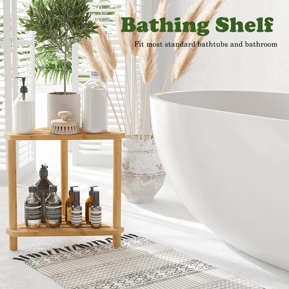 Bamboo Corner Shower Stool with Storage Shelf W221956