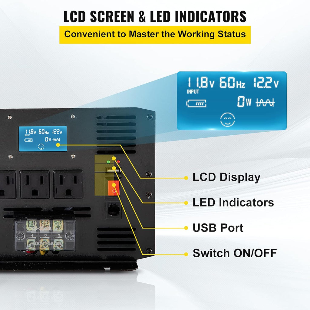 3500 Watt Pure Sine Wave Power Inverter, DC 12V to AC 120V, with USB Port LCD Display Remote Controller and AC Outlets R472839