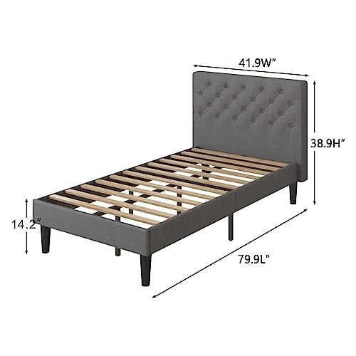 Grey Twin Size Upholstered Platform Bed Frame with Headboard F7953
