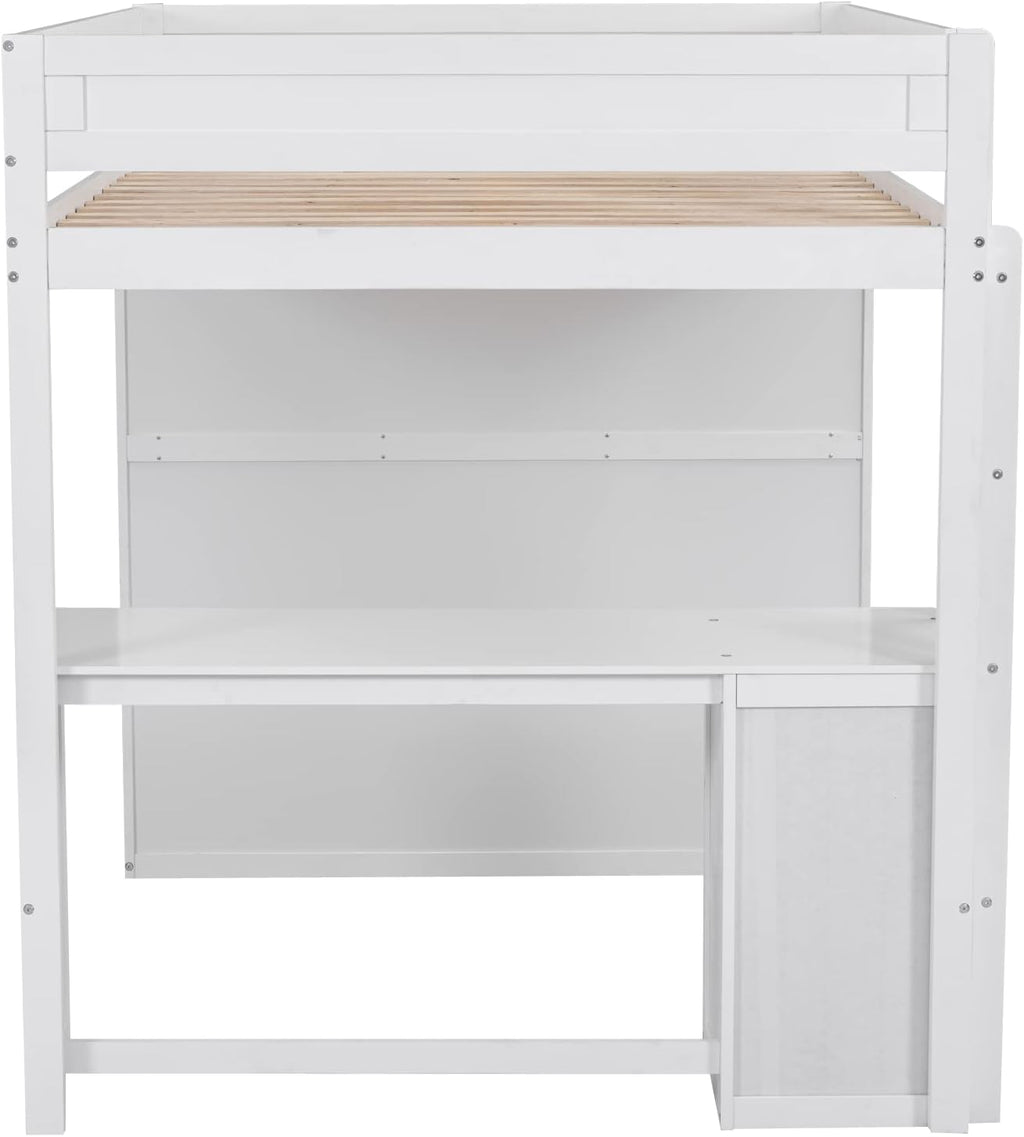 White Full Loft Bed with Wardrobe and Desk and Storage Drawers A918