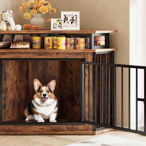 Rustic Brown Corner Wooden Dog Crate with 2-Tier Shelves A389397