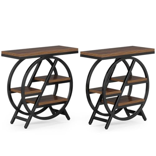 3-Tier Narrow Wood Side Table with Geometric Metal Frame K5110