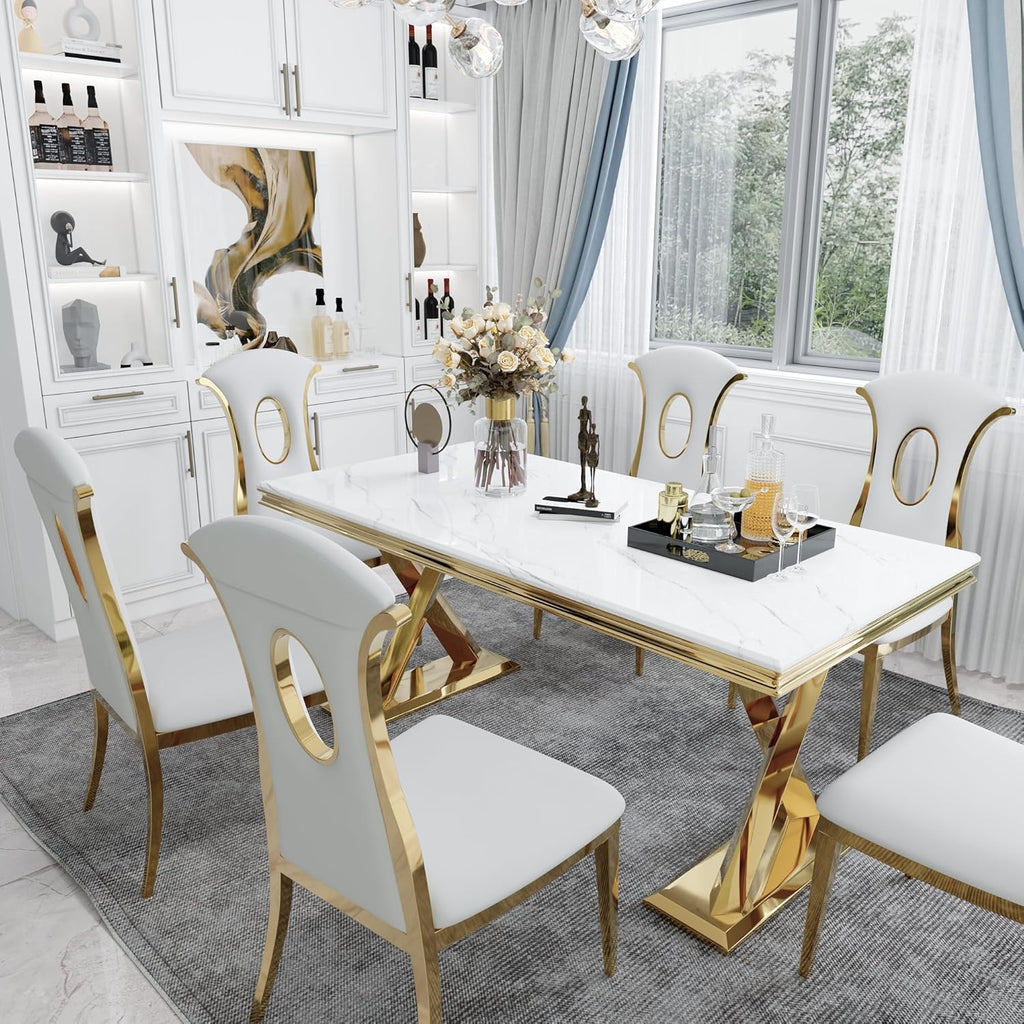 White and Gold 72" Dining Table with Double X-Base M510009