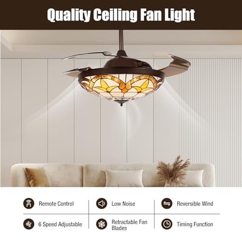 Tiffany Style Stained Glass Ceiling Fan with Light and Remote Control Y55629