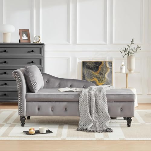 Dark Gray Velvet Chaise Lounge with Lumbar Pillow U2861