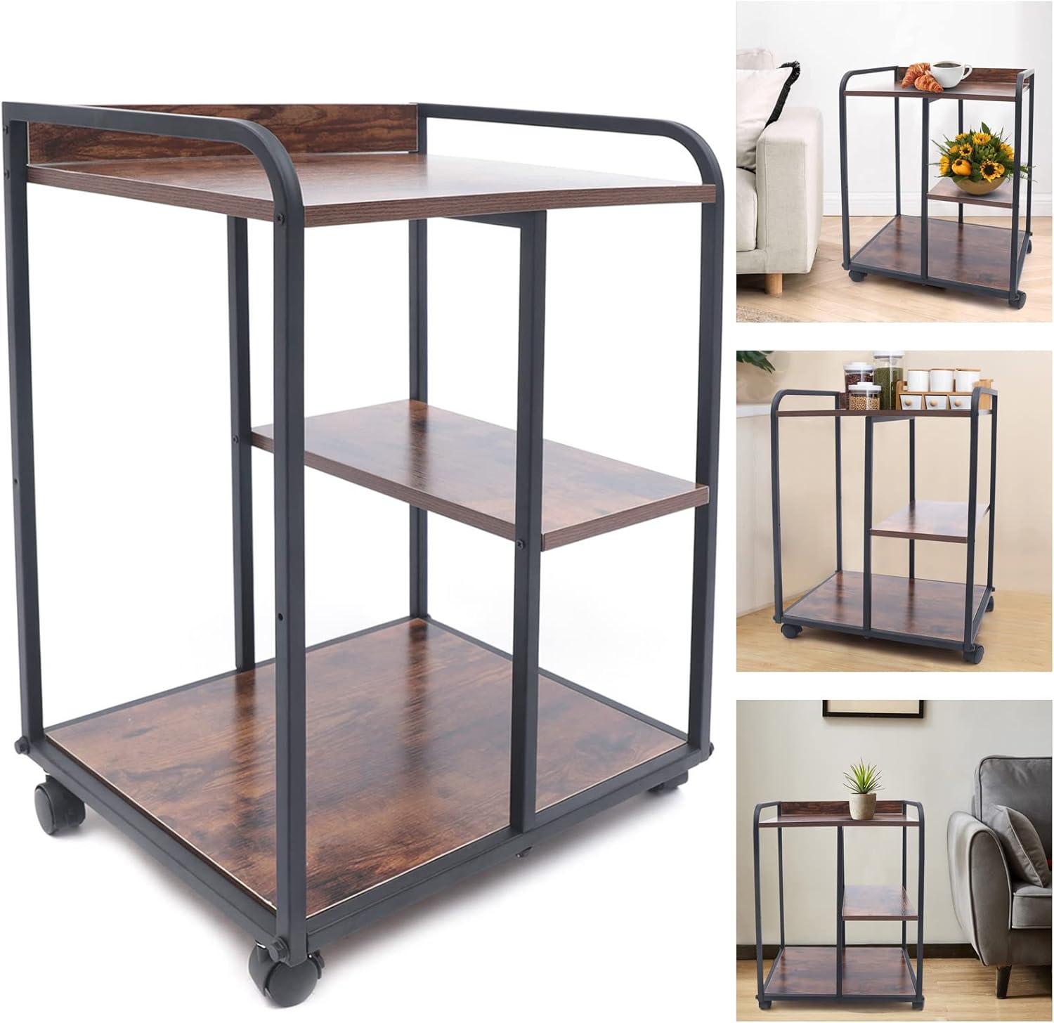 Brown 3-Shelf Rolling Printer Stand with Wheels F59244