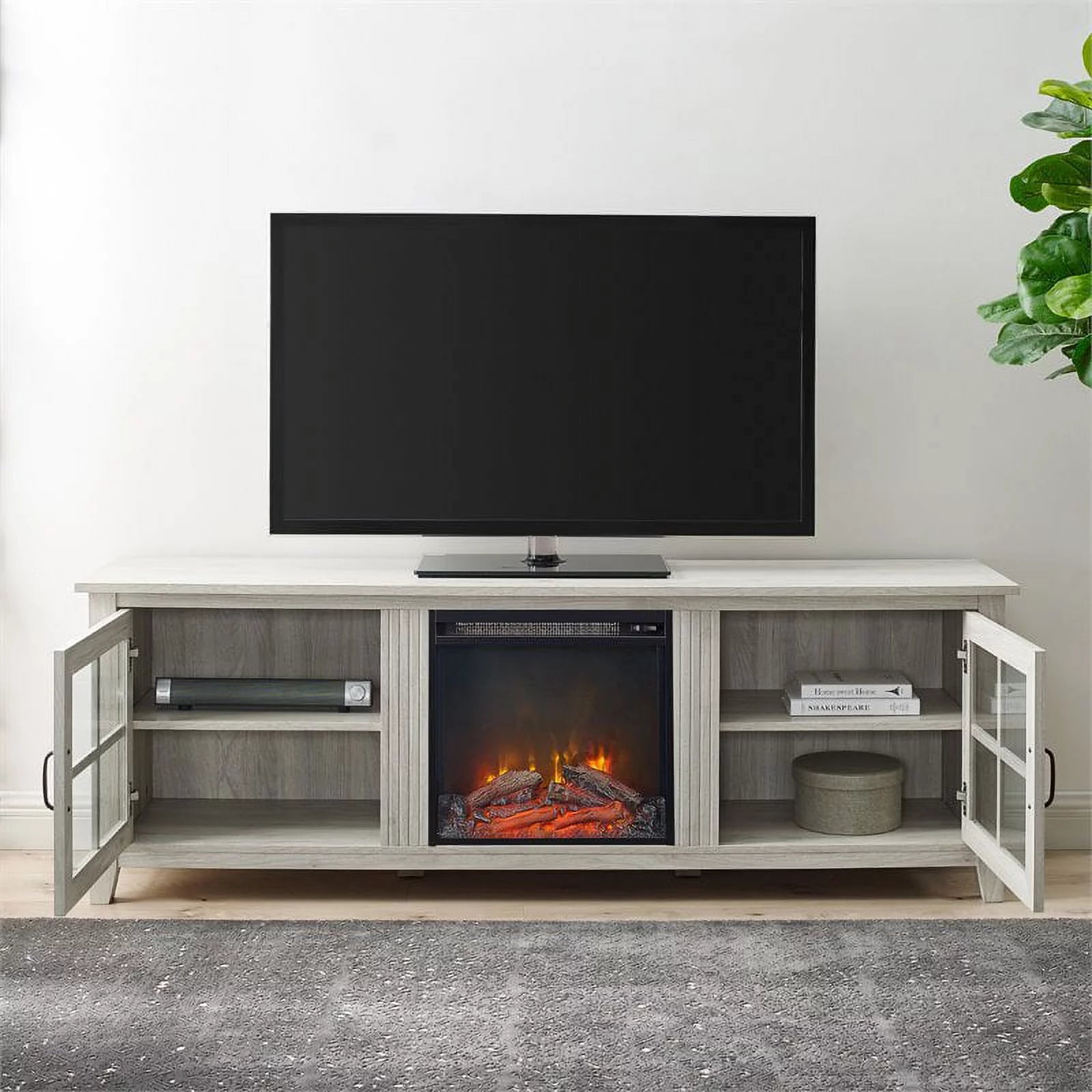 70" Glass Door TV Console with Electric Fireplace E809