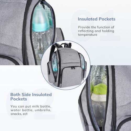 Grey Waterproof Diaper Bag Backpack with 4 Insulated Pockets and Stroller Straps M800373