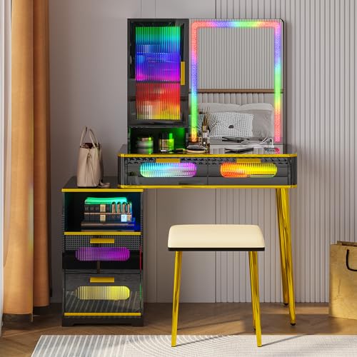 Black LED Vanity Desk with Mirror and Lights and Charging Station O28295