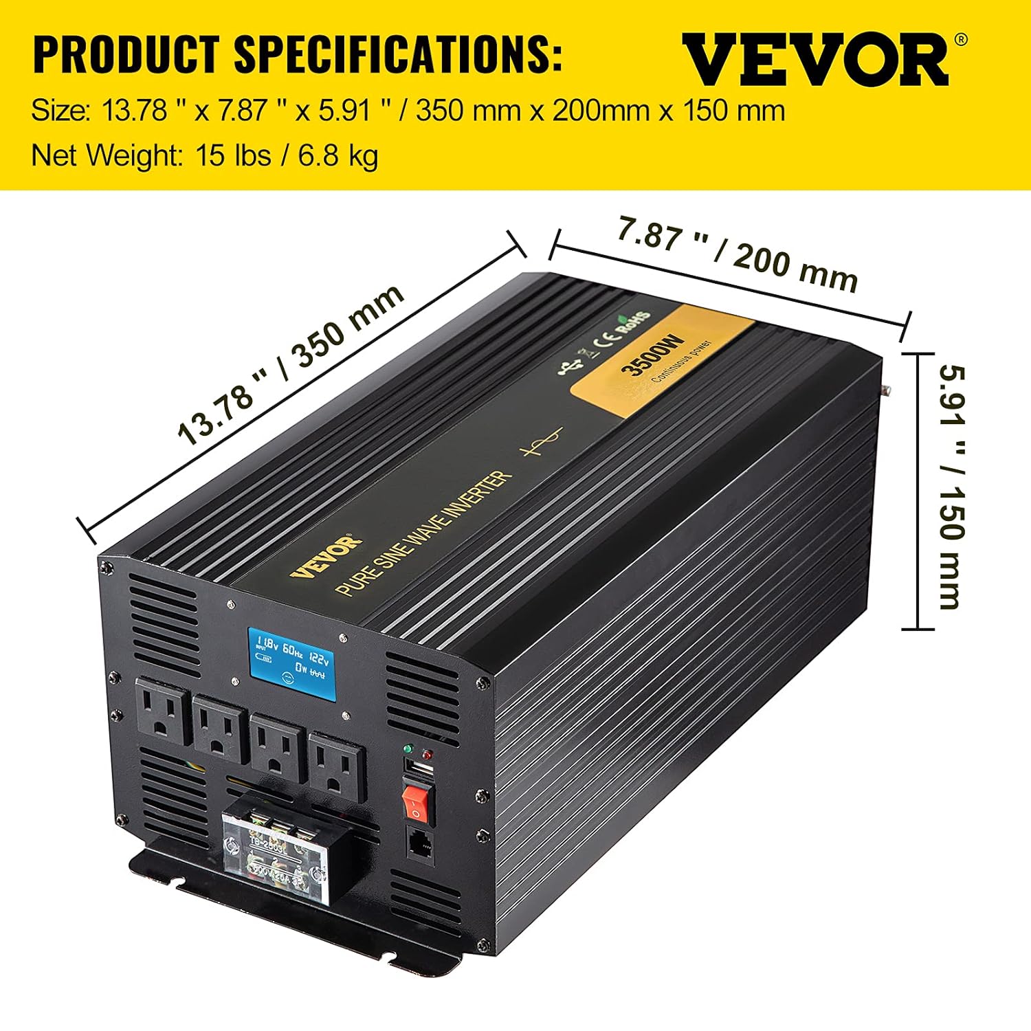 3500 Watt Pure Sine Wave Power Inverter, DC 12V to AC 120V, with USB Port LCD Display Remote Controller and AC Outlets R472839