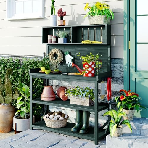 Light Brown Fir Wood Potting Bench with Drawers and Storage Shelves Q38373