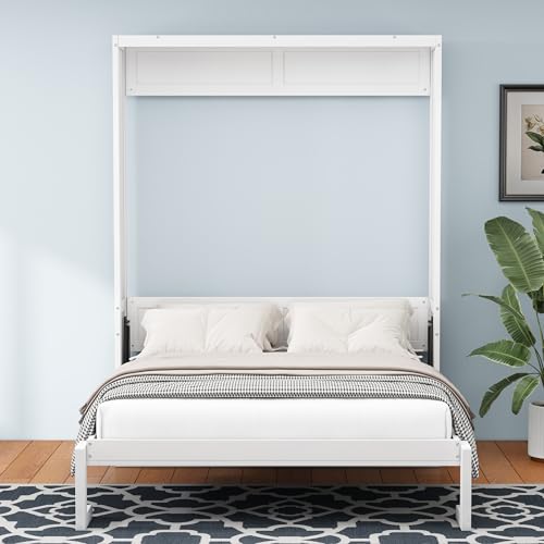 White Full Size Wood Murphy Bed with Desk D853