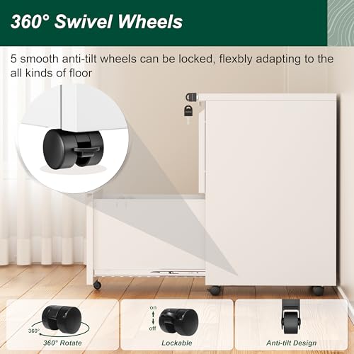 White 2 Drawer Metal Rolling File Cabinet with Lock F33074