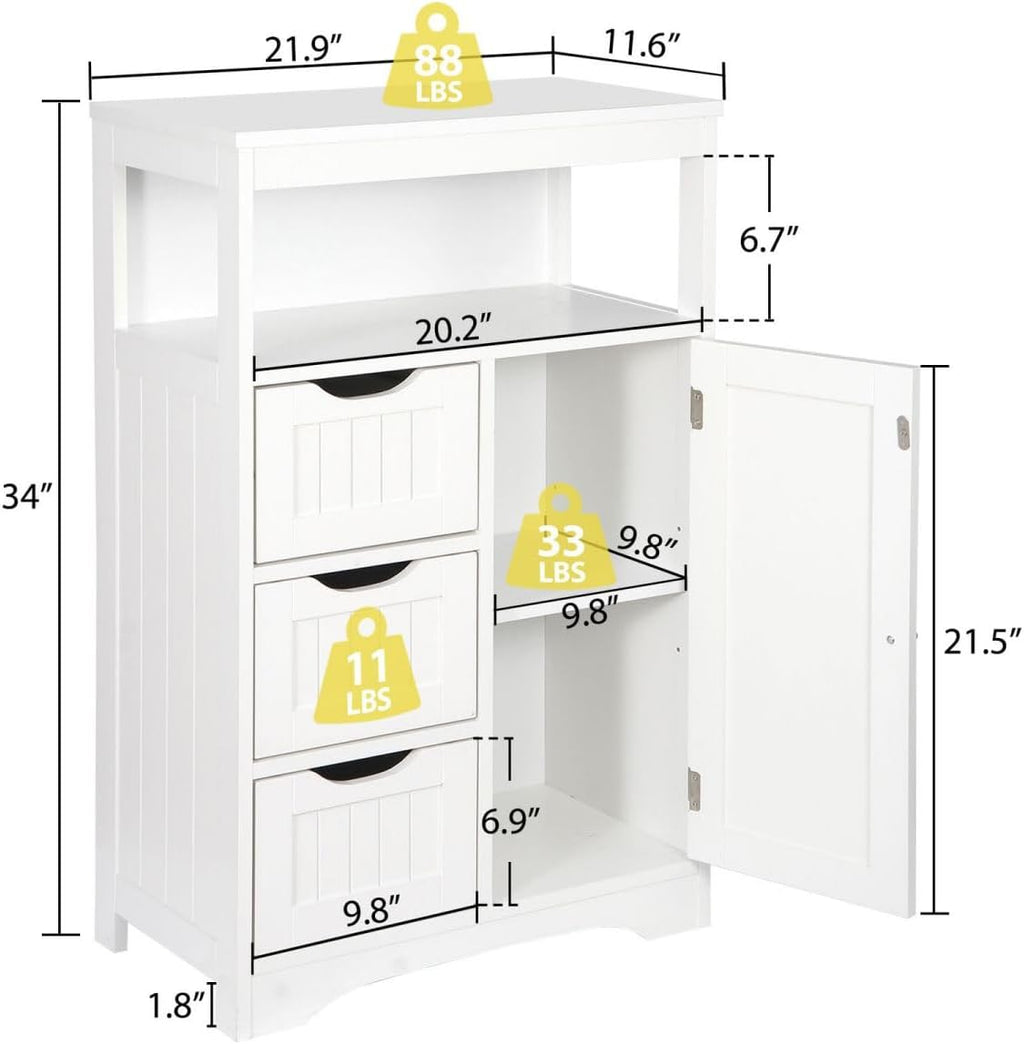 White Wooden Bathroom Floor Cabinet with 1 Door and 3 Drawers Q44508