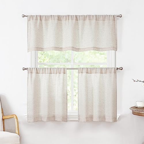 Natural Waffle Linen Kitchen Curtains 24 Inch Length 2 Panels F395