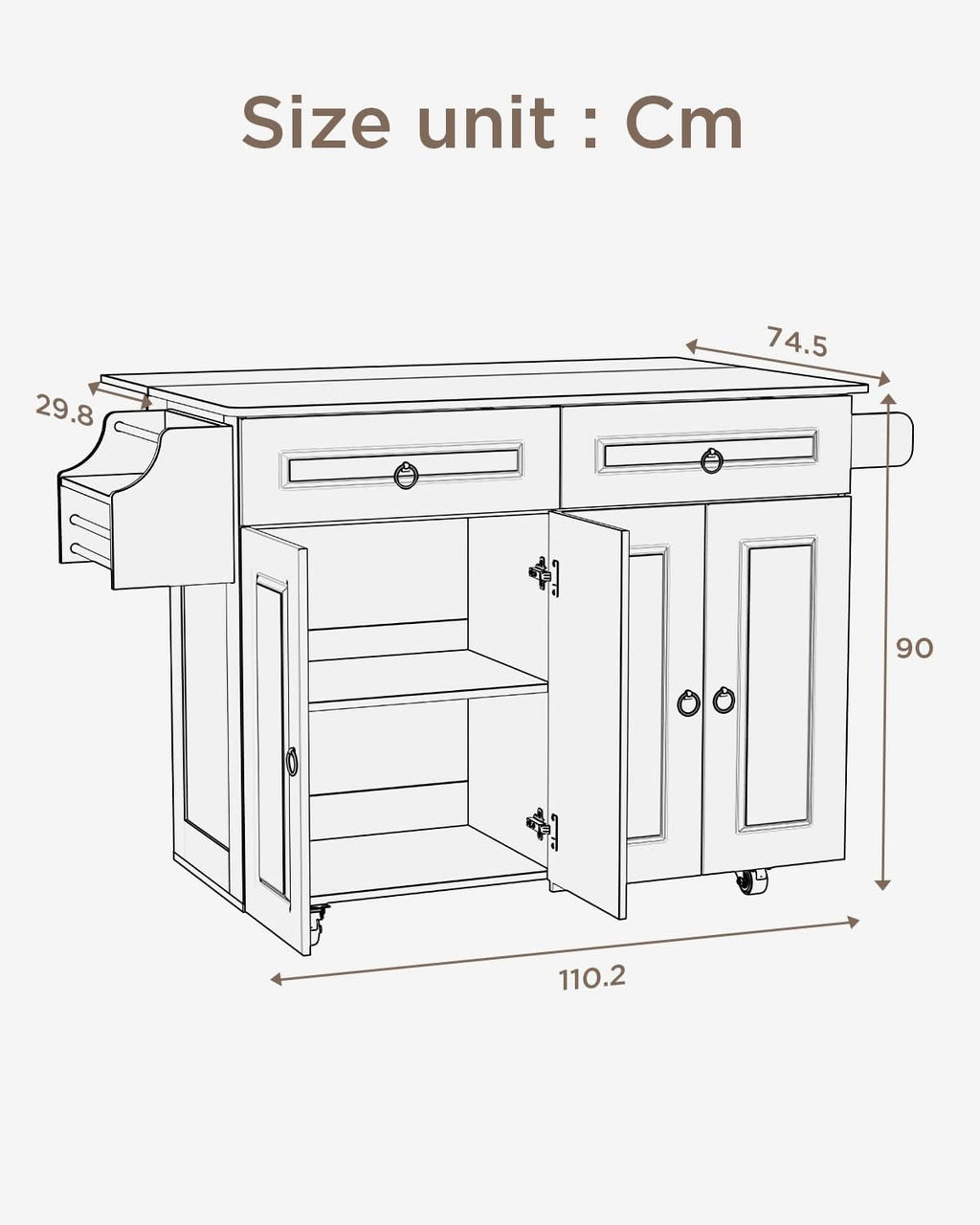 Brown Wood Kitchen Island with Drop Leaf Countertop and Lockable Wheels T721