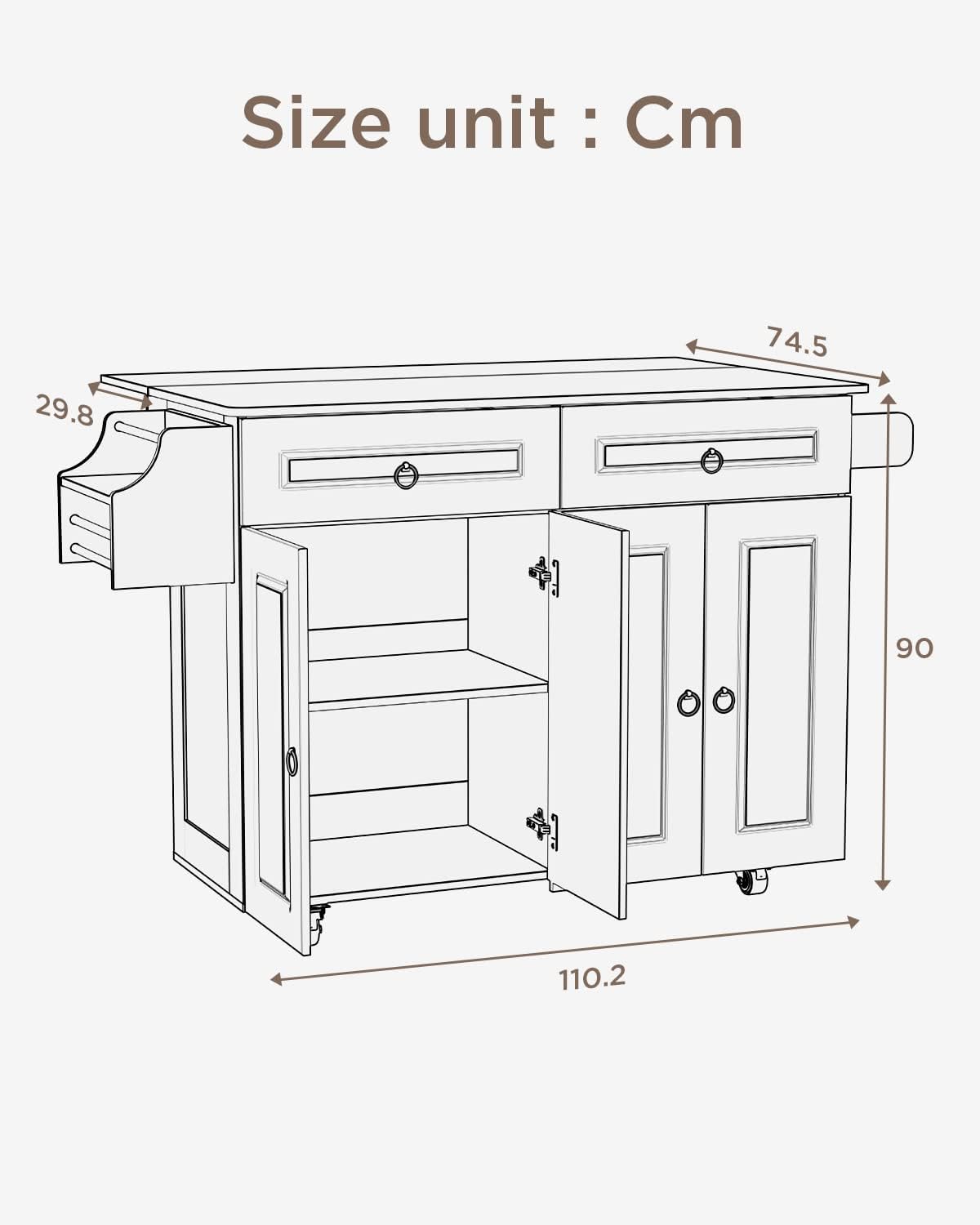 Brown Wood Kitchen Island with Drop Leaf Countertop and Lockable Wheels T721