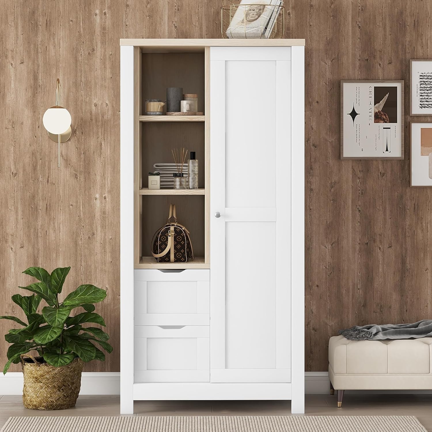 White Wooden Wardrobe Closet with 2 Drawers and Sliding Door W6757