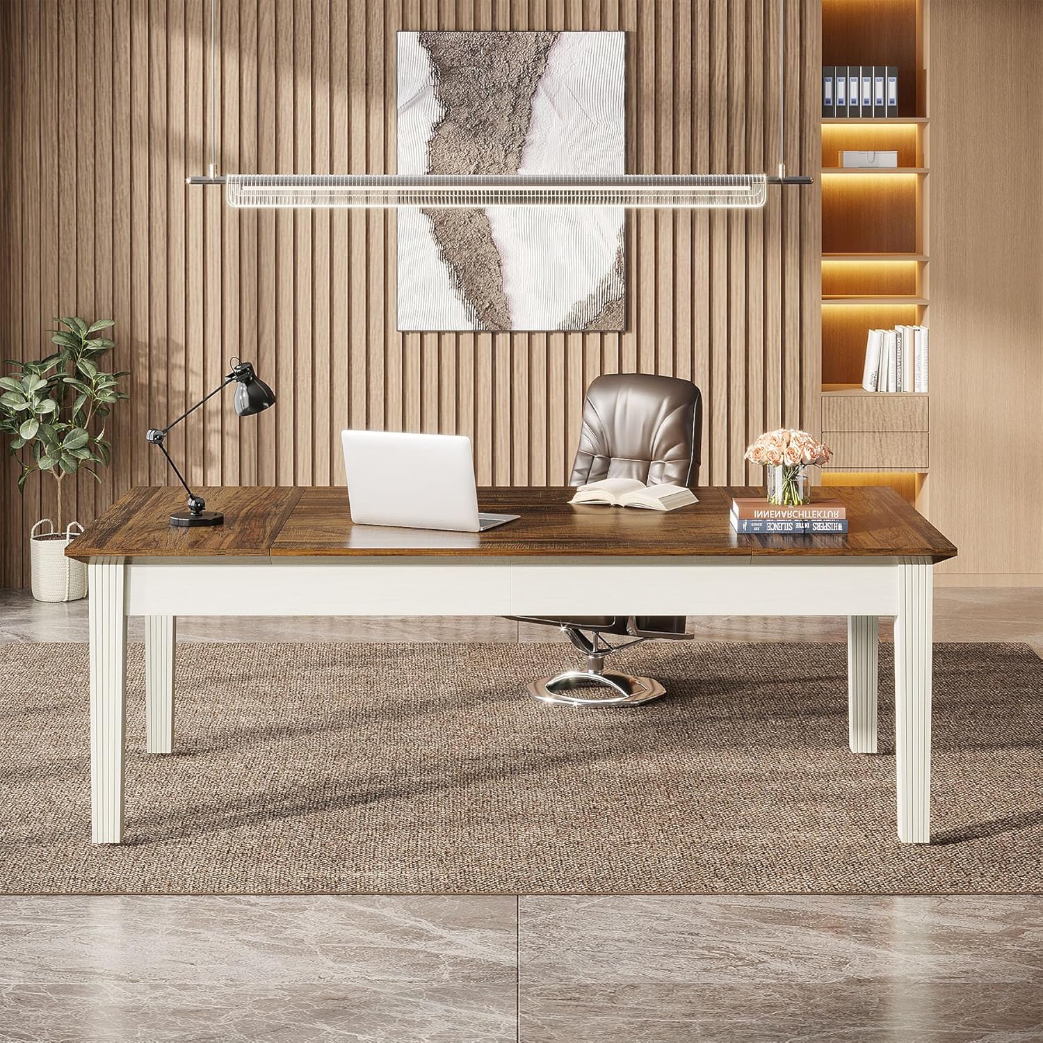 Rustic Brown & White 62-Inch Computer Desk with Solid Wood Legs W843