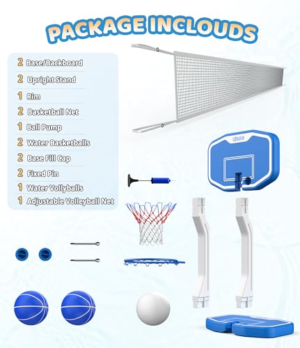 Swimming Pool Basketball & Volleyball Game Set with Hoop, Balls, Net, and Pump, BLUE W73837