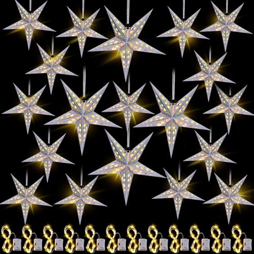 20 Set Christmas Paper Star Shape Lantern 2 Size 17.7 11.8 Hanging Ornaments with 20 LED Light White L146846