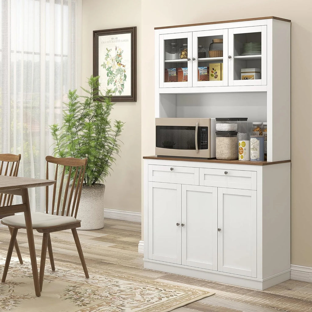 White Tall Kitchen Pantry Storage Cabinet with Microwave Stand, 2 Drawers, 5 Doors, Adjustable Shelves and Glass Doors P311449