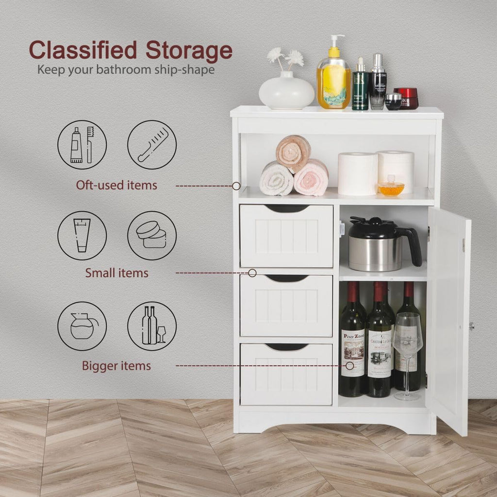 White Wooden Bathroom Floor Cabinet with 1 Door and 3 Drawers Q44508
