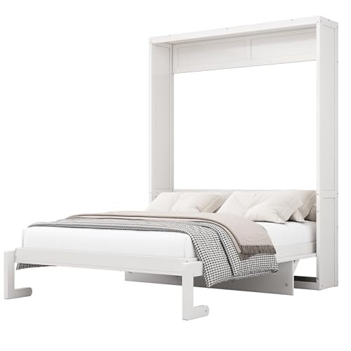 White Full Size Wood Murphy Bed with Desk D853