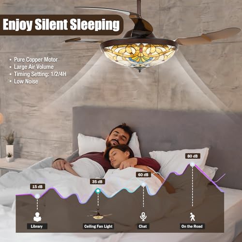 Tiffany Style Stained Glass Ceiling Fan with Light and Remote Control Y55629