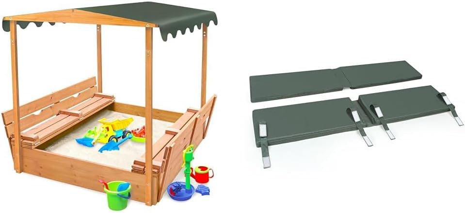 Natural Cedar Wooden Sandbox with Canopy, Dark Green C39281