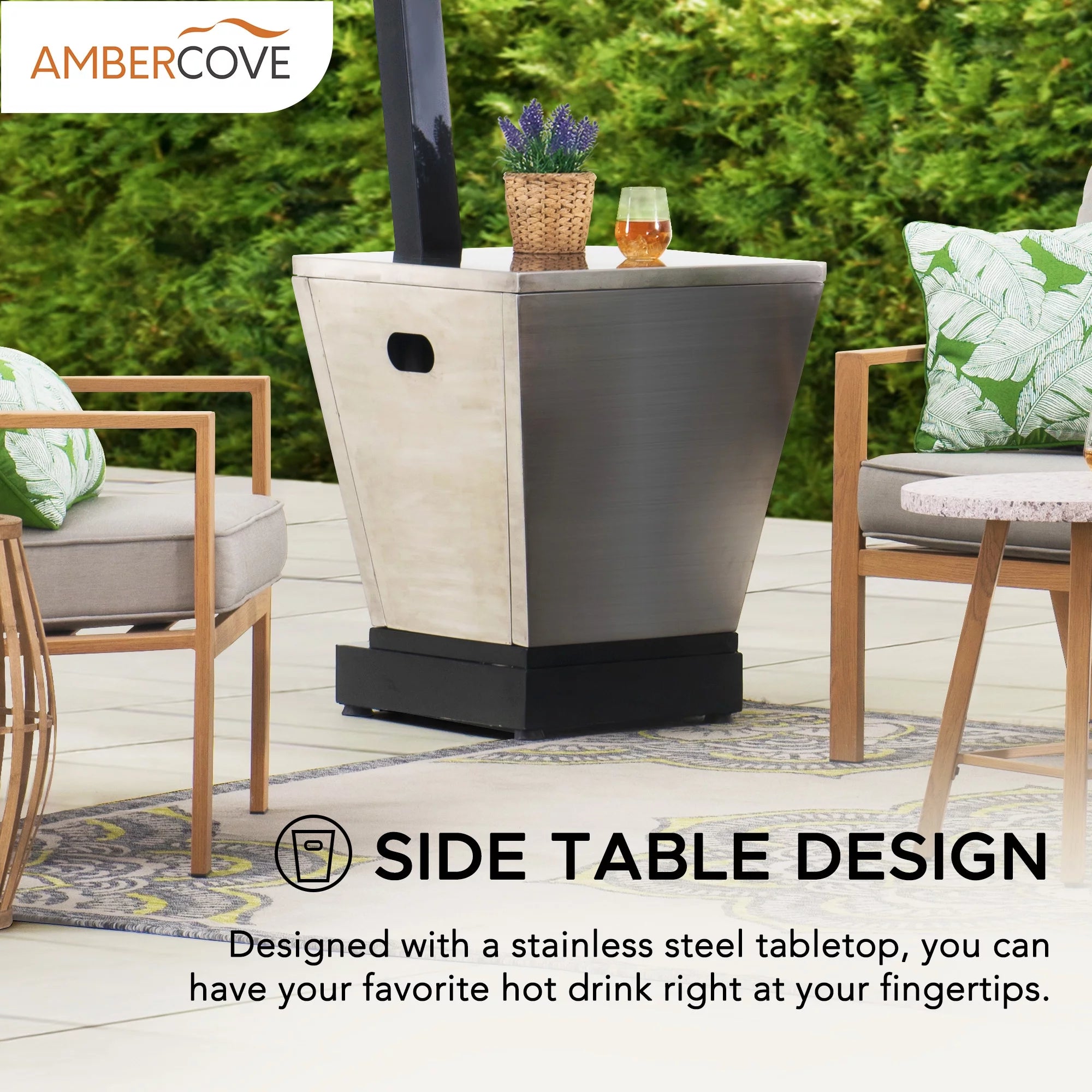 Matte Black Steel Outdoor Propane Gas Heater with Wheels and Table Top R198207
