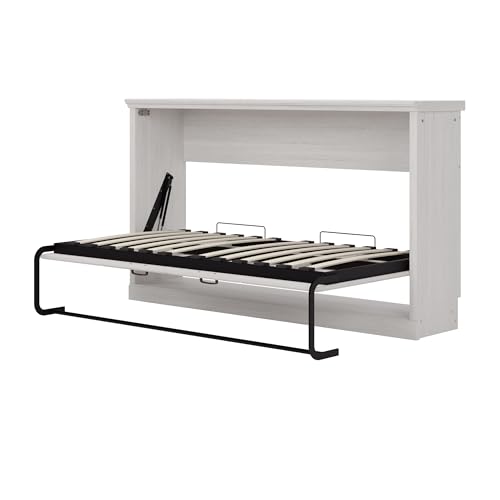 Twin Size Murphy Bed with Storage Bookshelf and USB Charging Station, Folding into a Cabinet, Rustic White H7798