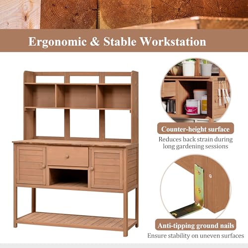 Light Brown Fir Wood Potting Bench with Drawers and Storage Shelves Q38373