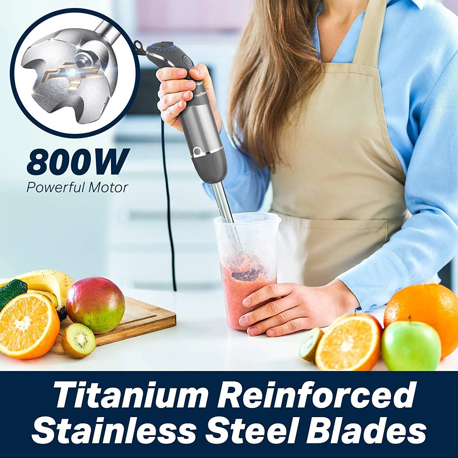 800W Hand Blender with Whisk, Chopper, and Measuring Cup J850