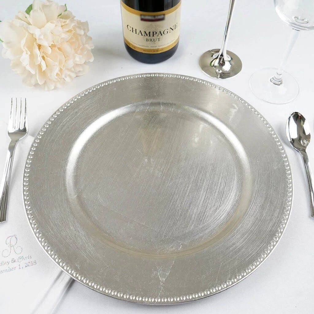 24 Pcs 13-inch Silver Crystal Beaded Round Charger Plates Q525