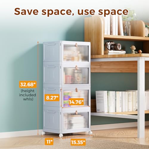 4 Tier Stackable Plastic Storage Bins with Lid and Wheels, 23 QT, Grey J41516