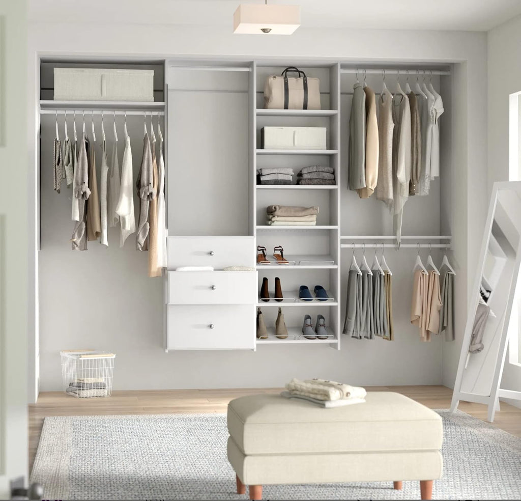 White Wood Wall Mounted Closet Organizer with Shelves and Drawers L53203