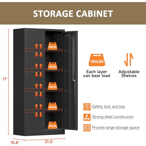 Black 71 inch Metal Storage Cabinet with 2 Doors and 4 Adjustable Shelves Z152